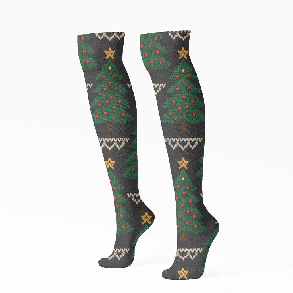 Knit Illusion Bauble Lattice Christmas Tree soft everyday knee-high socks