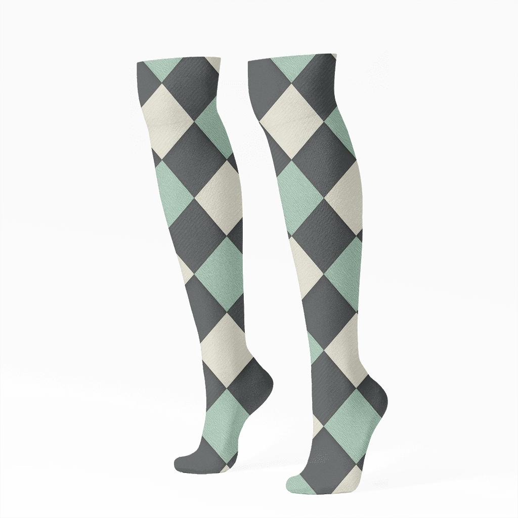 Charcoal And Mint Diagonal Diamond Check With Micro Herringbone Fill unique graphic knee-high socks
