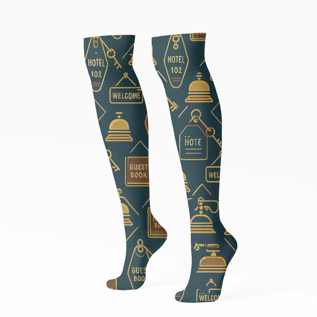 Retro Lobby Key Tag Lattice, Hotel Receptionist Edition designer print knee-high socks