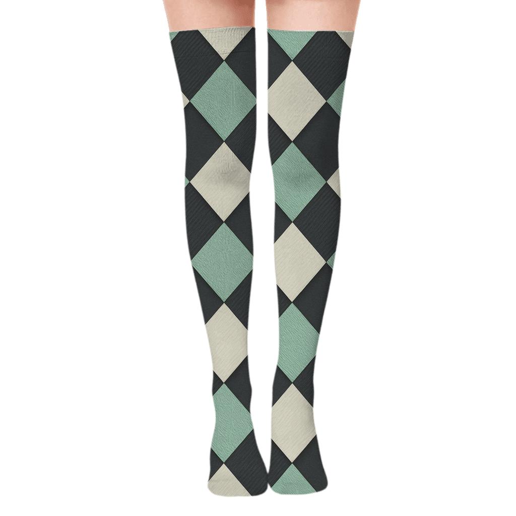 Charcoal And Mint Diagonal Diamond Check With Micro Herringbone Fill unique graphic over-the-knee socks