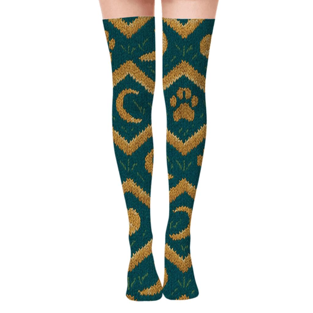 Labrador Retriever Knitted Paw Chevron On Deep Teal custom over-the-knee socks