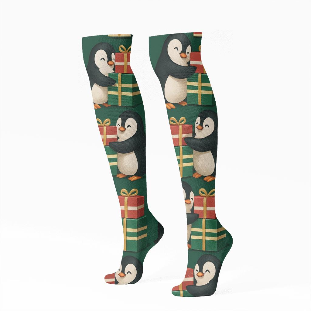 Penguin Gift Stack Chevron On Deep Evergreen Background soft everyday knee-high socks