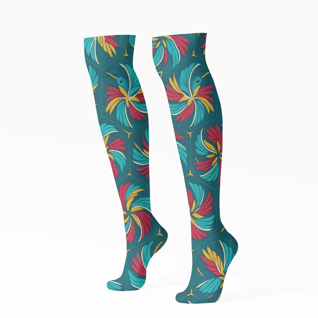 Hummingbird Wing Spiral Medallions On Teal Background trendy patterned knee-high socks