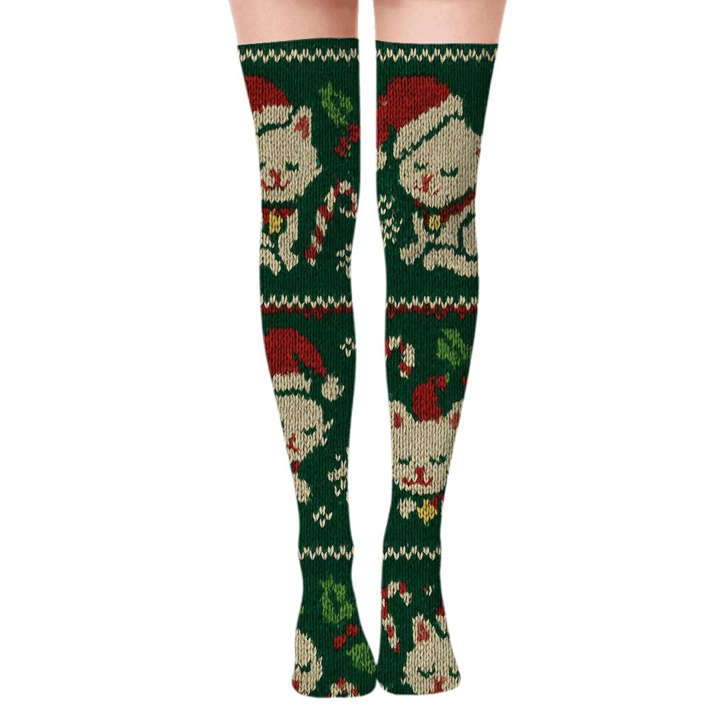 Emerald Knitted Christmas Kittens Fair Isle Repeat personalized over-the-knee socks