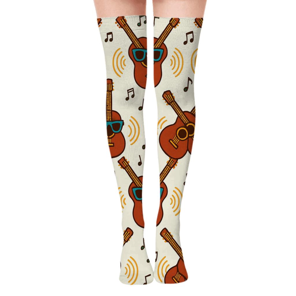 Mirrored Pair Design With Sunset Guitar Silhouettes soft everyday over-the-knee socks
