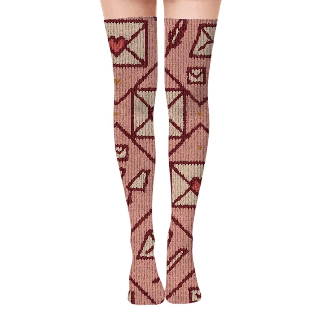 Knitted Illusion Valentine’s Love Letter Envelope Lattice unique graphic over-the-knee socks