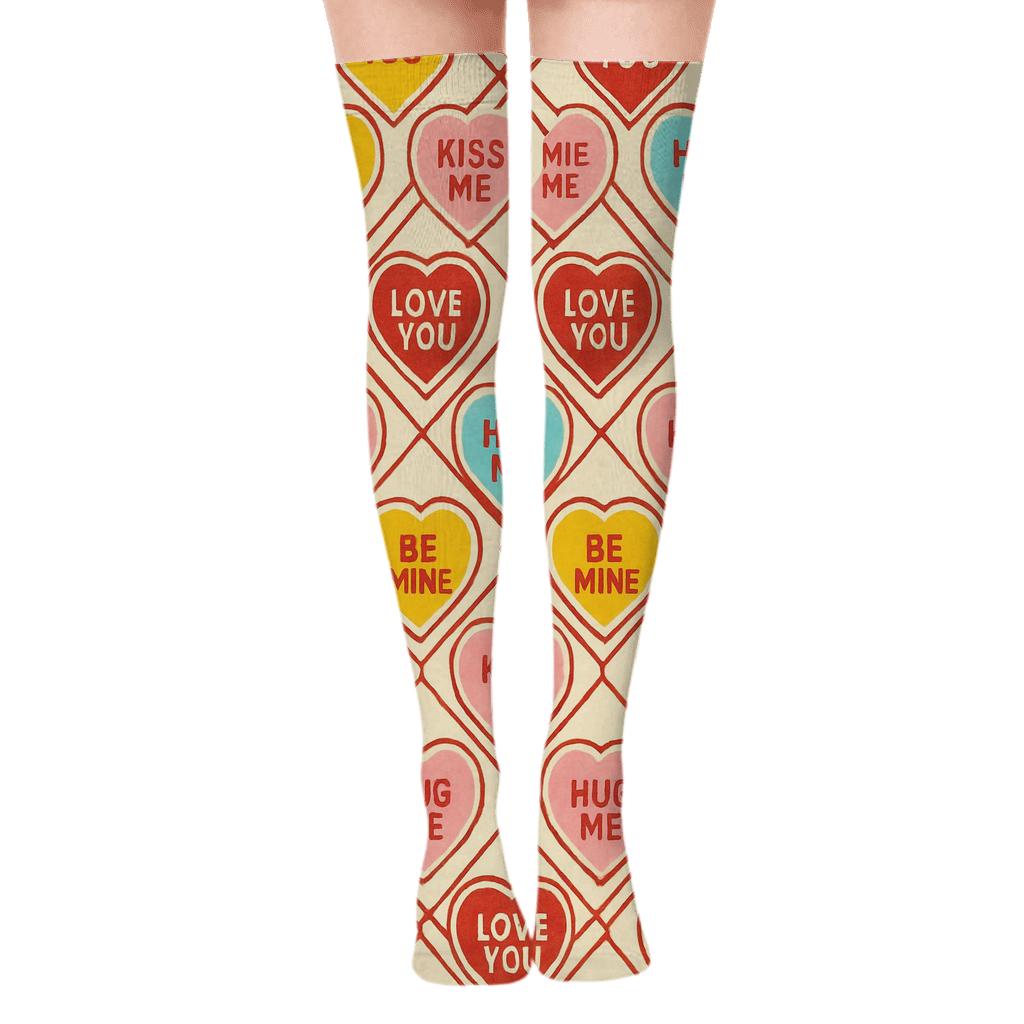 Vintage Candy Packaging Look Valentines Candy Heart Lattice unique graphic over-the-knee socks