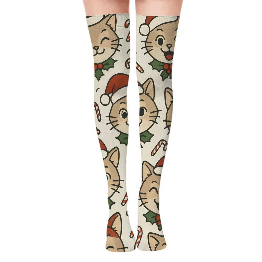Holly Collar Cats Diagonal Tile On Snow White Background premium cozy over-the-knee socks
