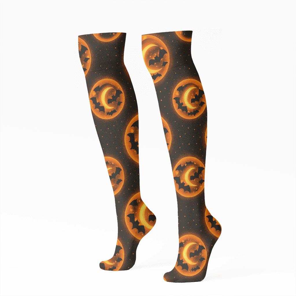 Orange Moon Glow And Bat Ring Medallions On Black Background custom knee-high socks