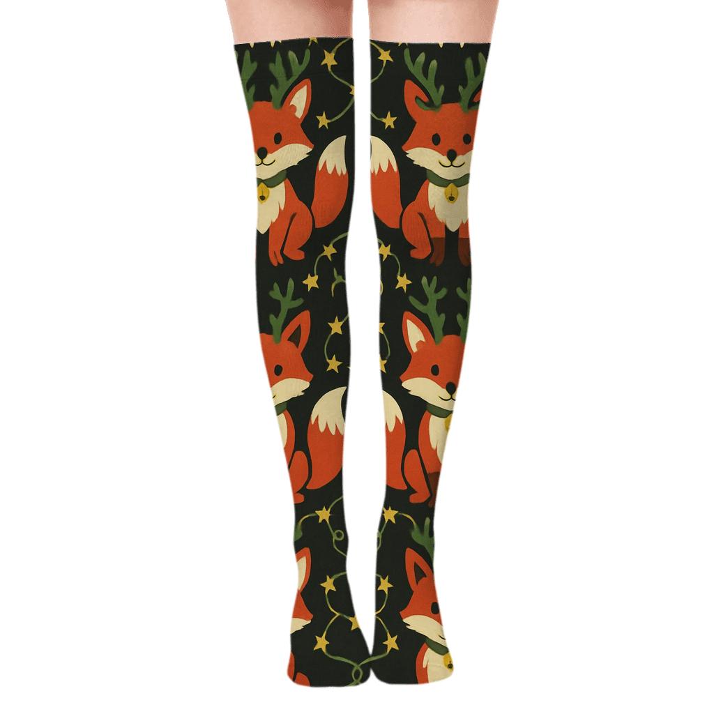 Reindeer Foxes Star Garland Grid On Charcoal Black Background designer print over-the-knee socks