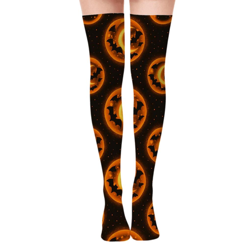 Orange Moon Glow And Bat Ring Medallions On Black Background soft everyday over-the-knee socks