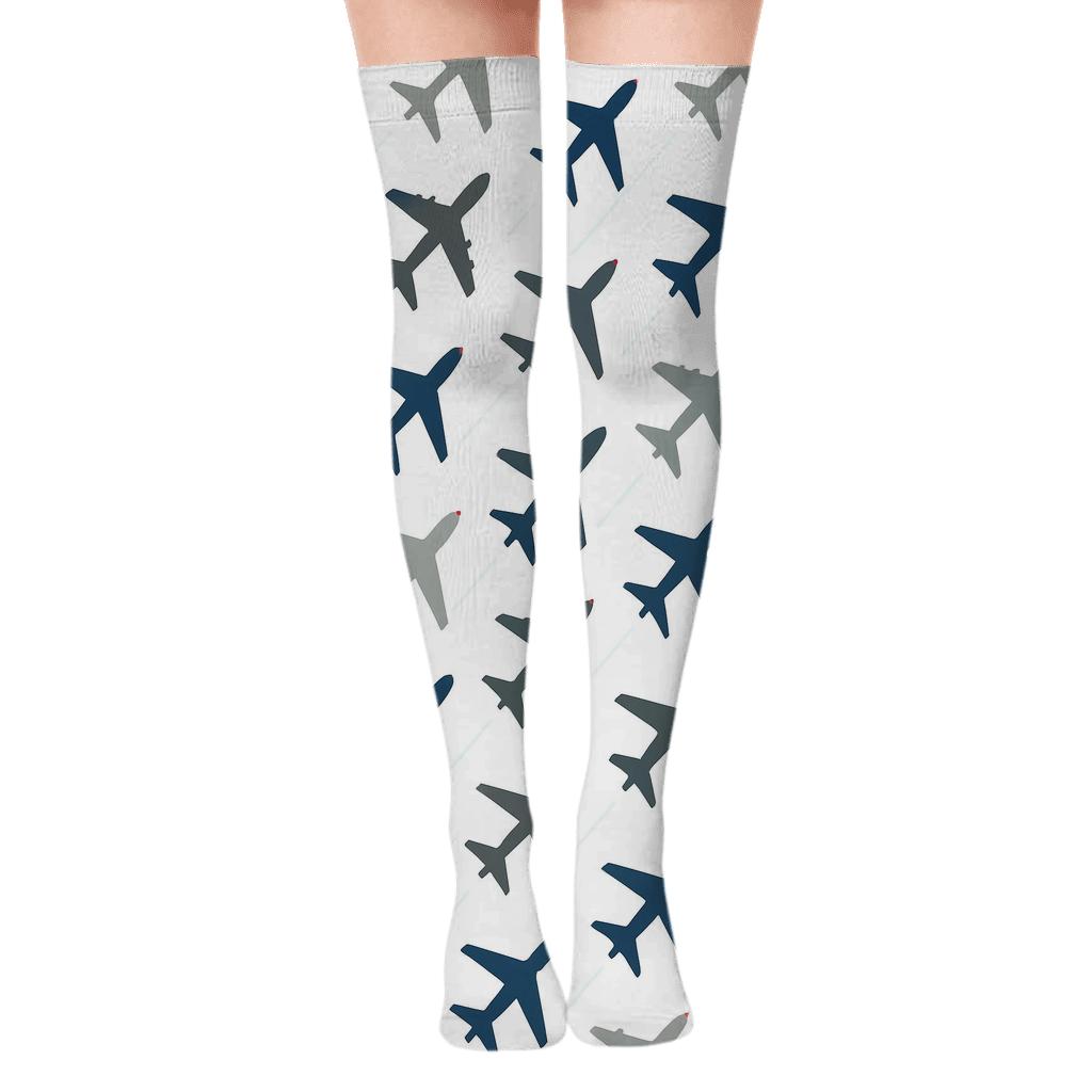 Airplane Silhouette Diagonal Array On White trendy patterned over-the-knee socks