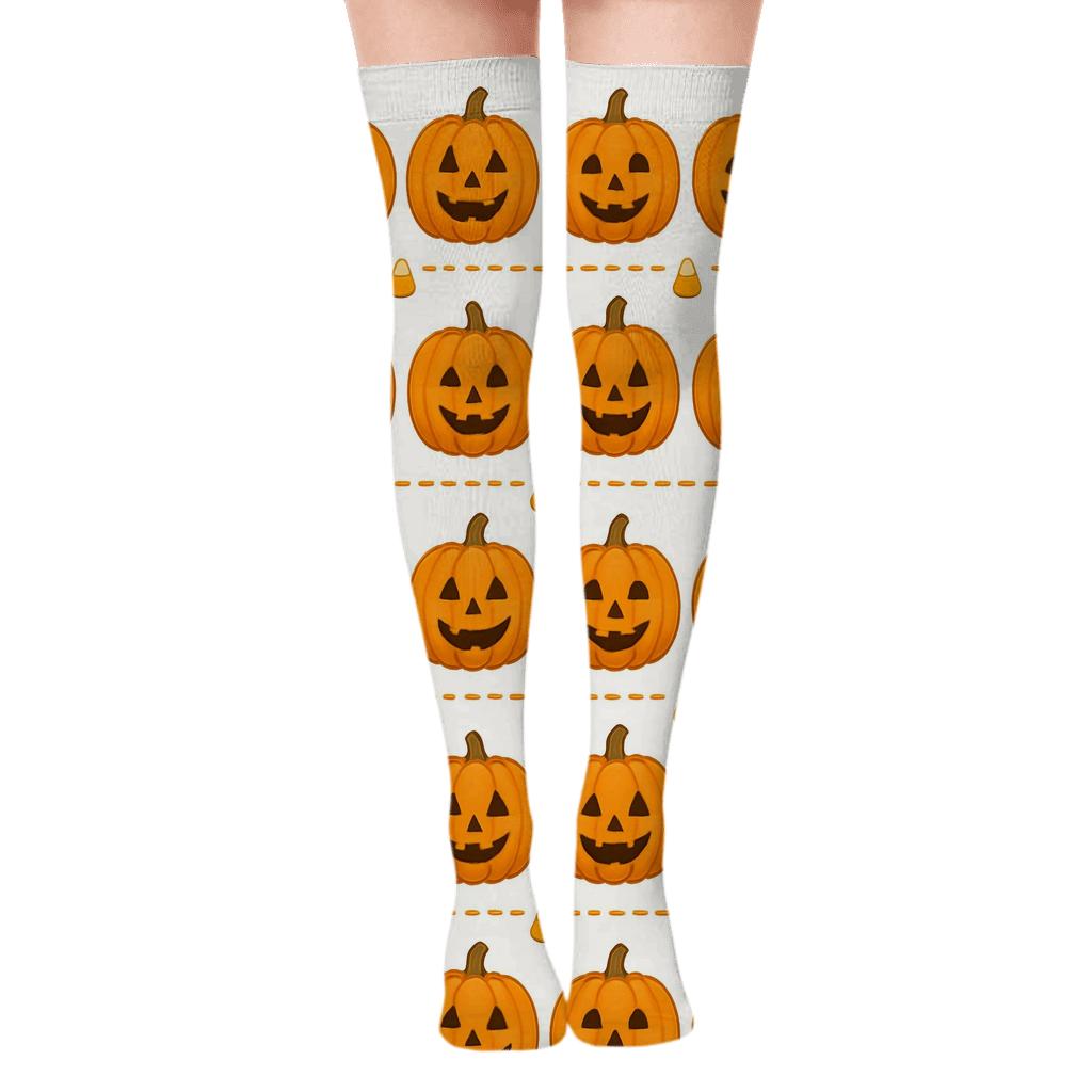 Carved Pumpkin Border Stripe On White Background unique graphic over-the-knee socks