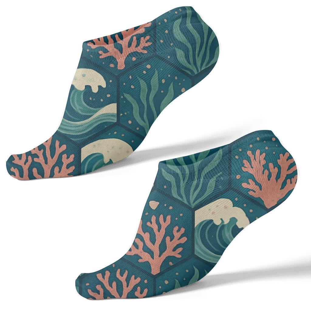Reef Current Collage Tessellation On Deep Teal Background premium sports ankle socks