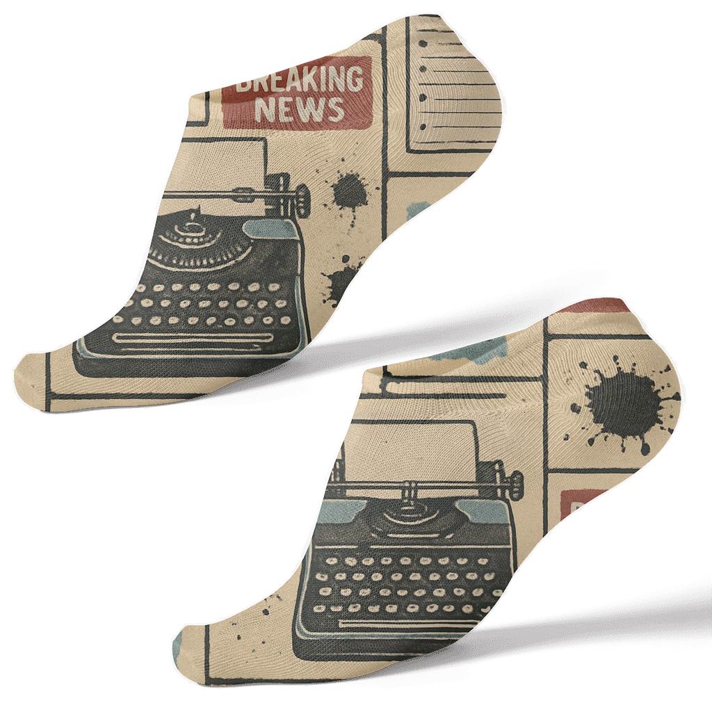 Journalist Newsprint Patchwork Grid In Warm Beige designer print ankle socks