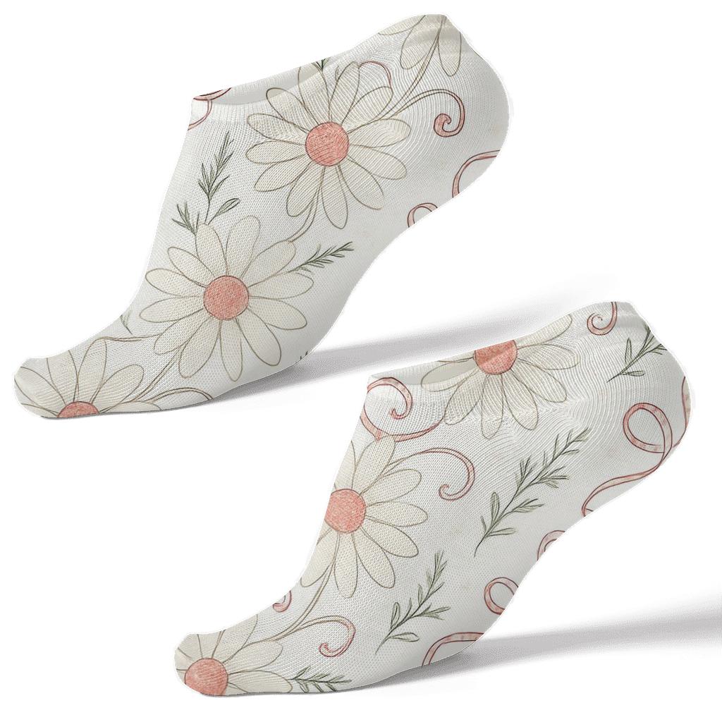 Ivory Daisies And Candy Cane Diagonal Repeat On Snow White Background custom ankle socks