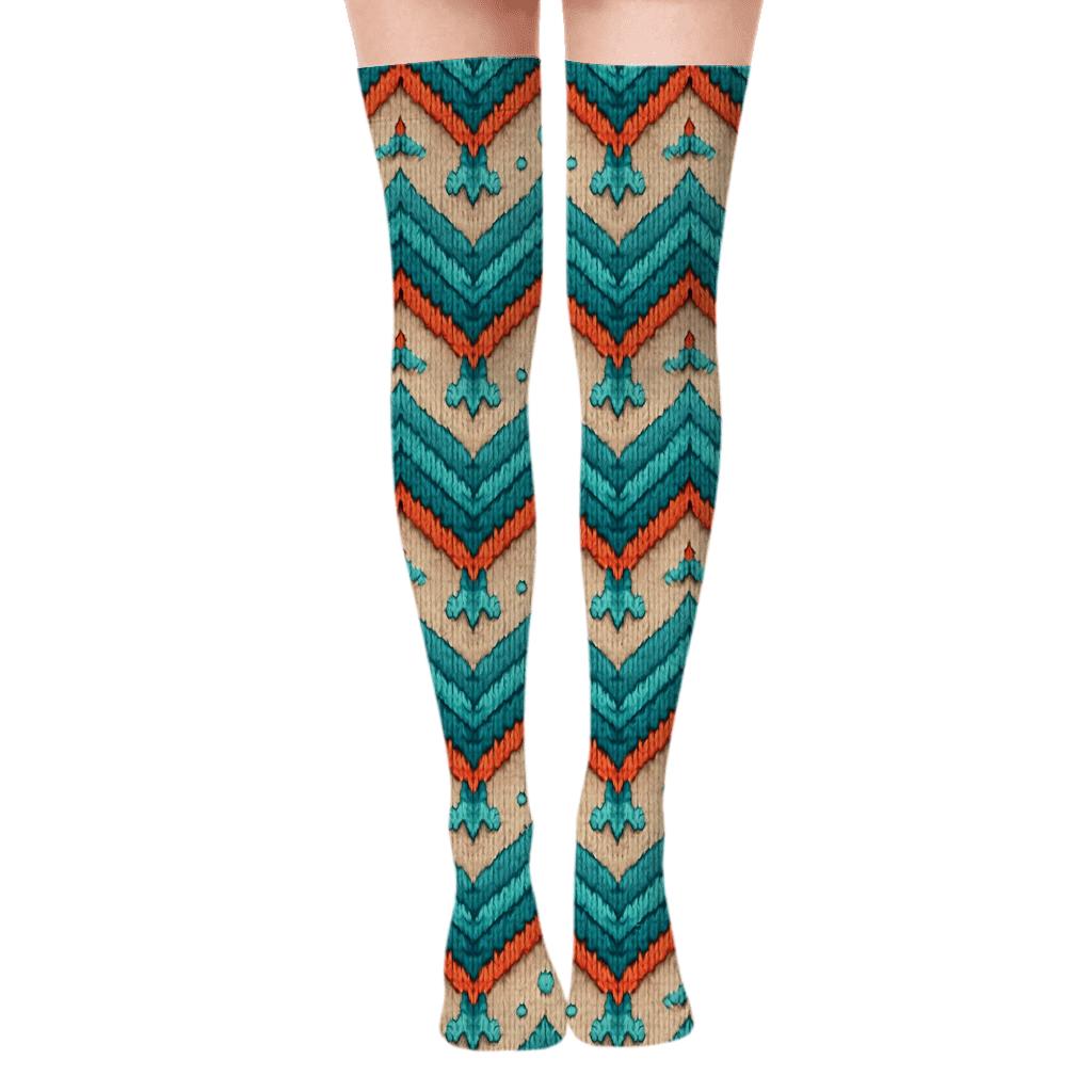 Knitted Illusion Fish Scale Chevron In Teal premium cozy over-the-knee socks