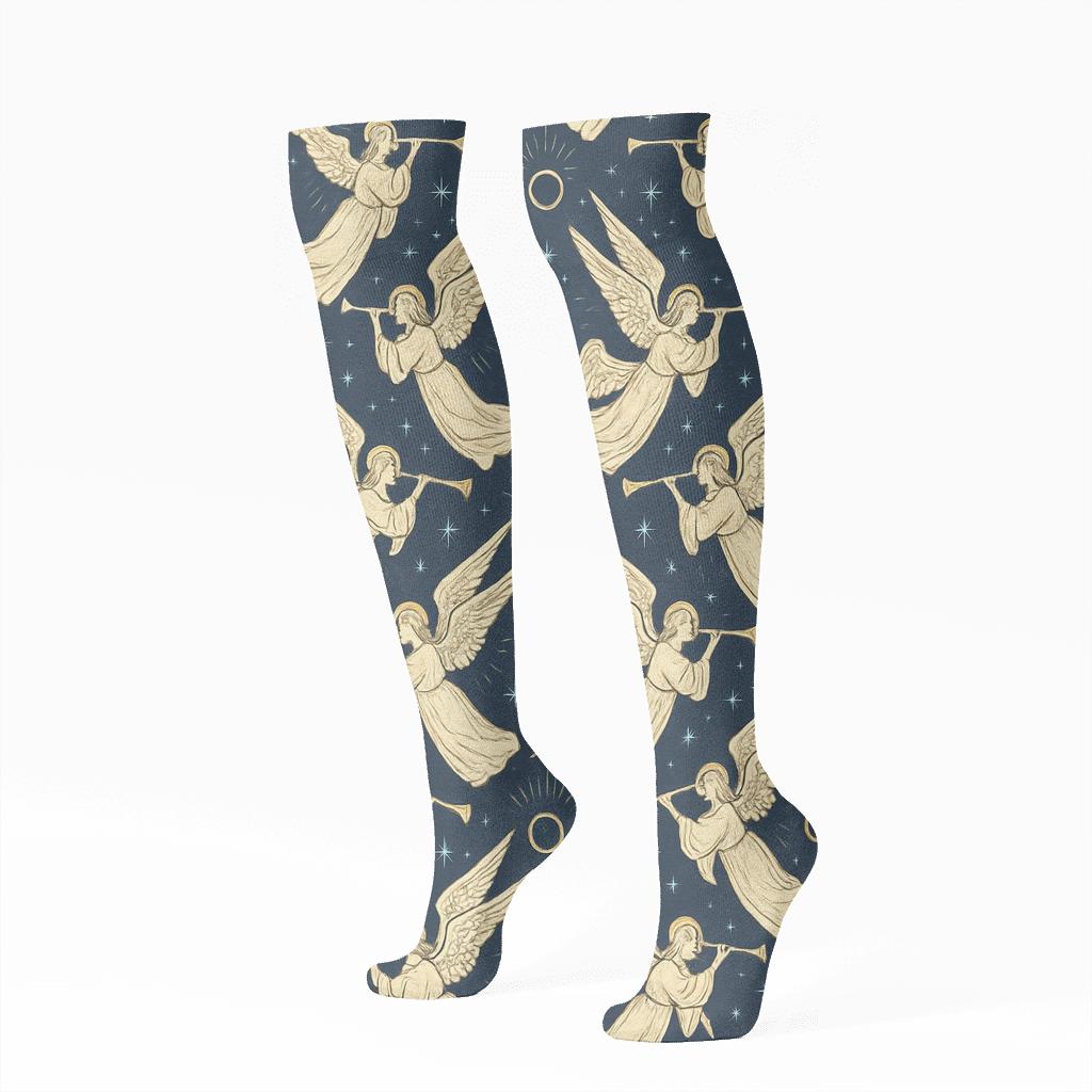 Heavenly Chorus Pattern With Angel Trumpeters unique graphic knee-high socks