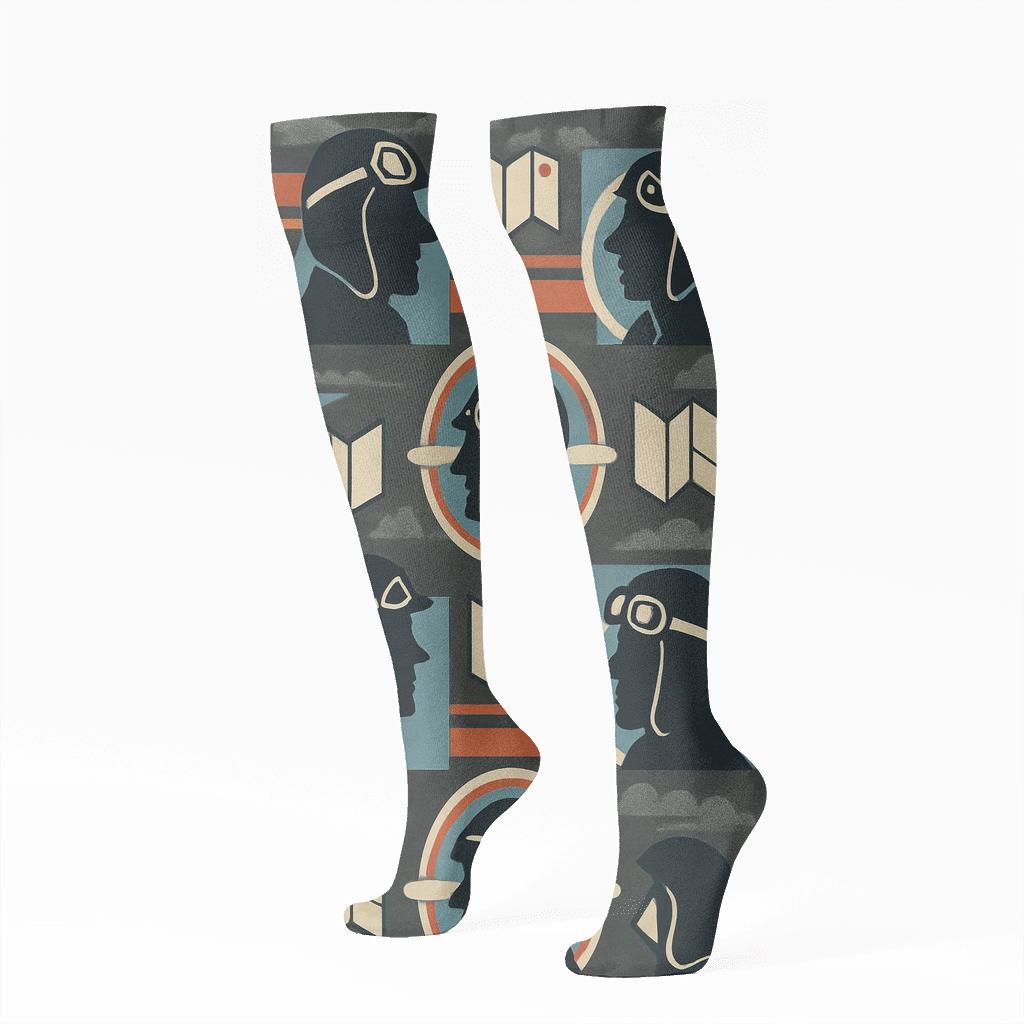 Vintage Airfield Grid With Pilot Silhouettes trendy patterned knee-high socks
