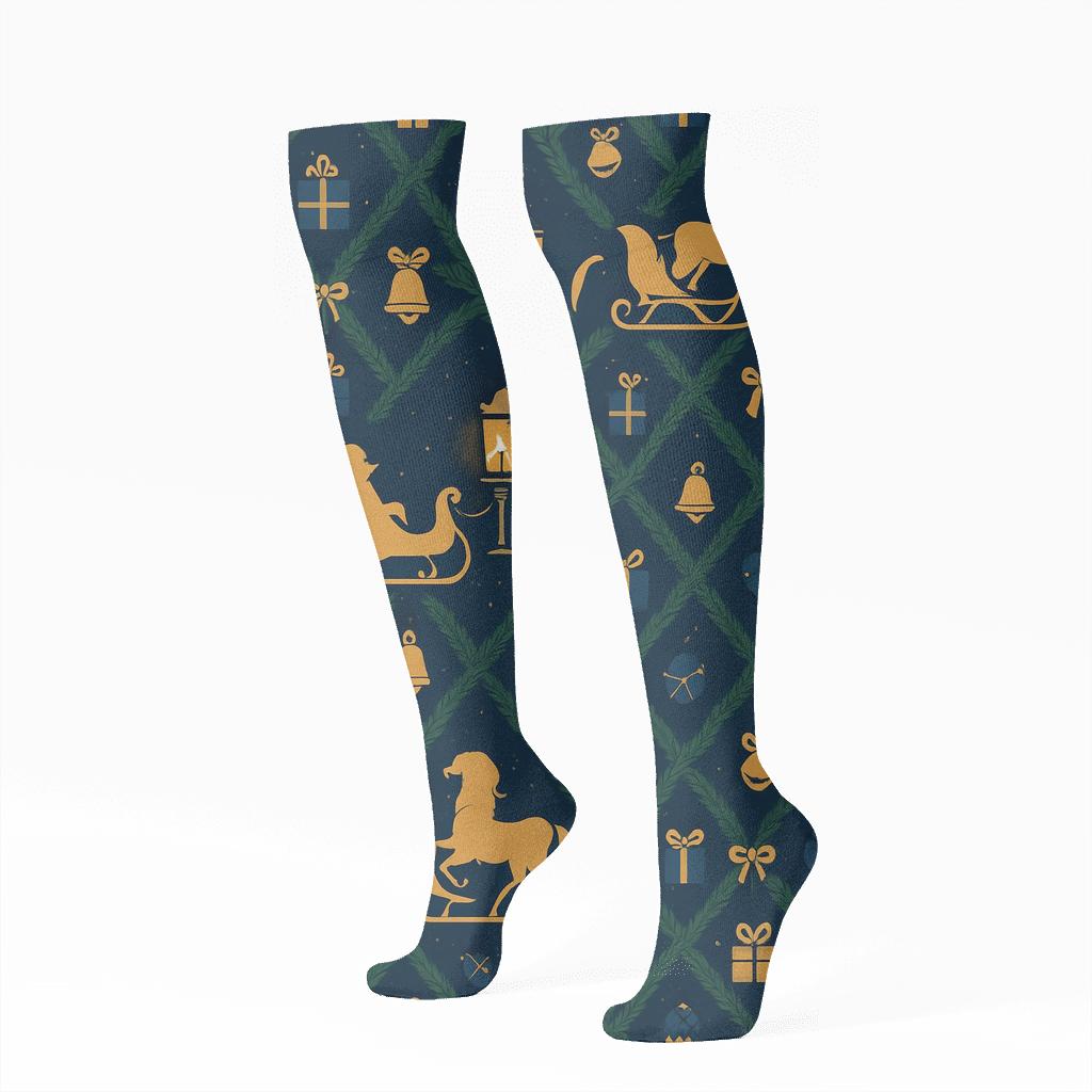 Lantern Lit Pine Lattice With Sleigh Icons premium sports knee-high socks