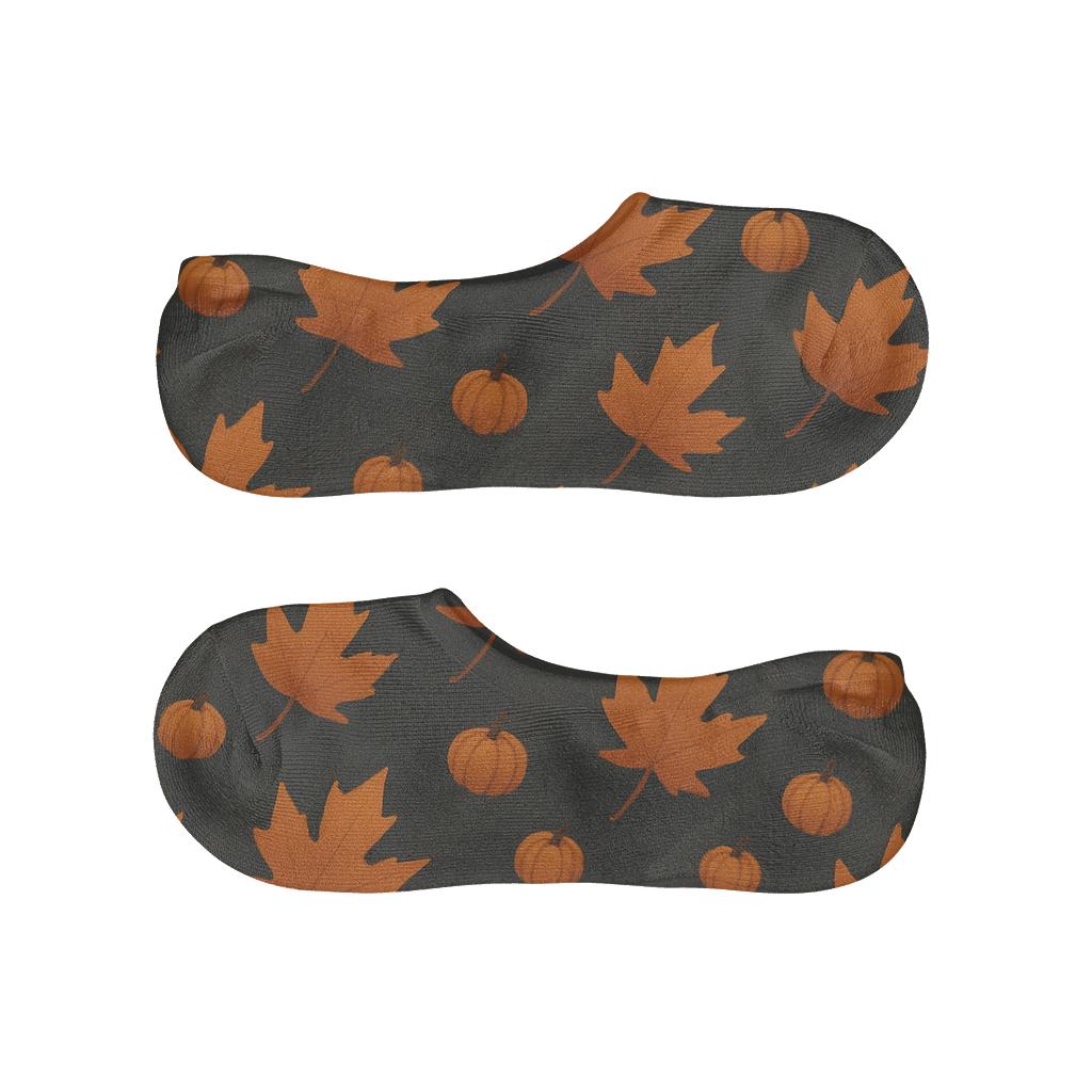 Falling Autumn Pumpkin Leaf Diagonal On Charcoal Background designer print no-show socks