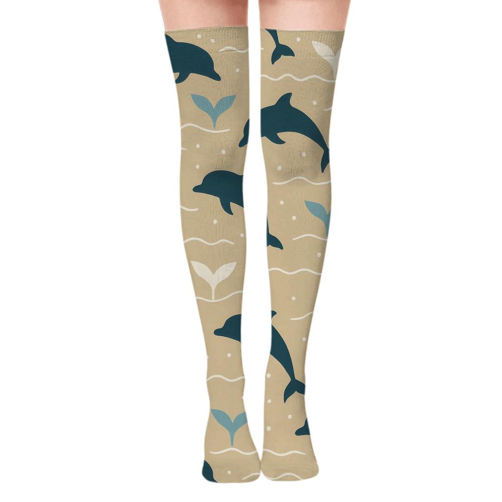 Coastal Band Pattern With Dolphin Silhouettes comfortable cotton over-the-knee socks