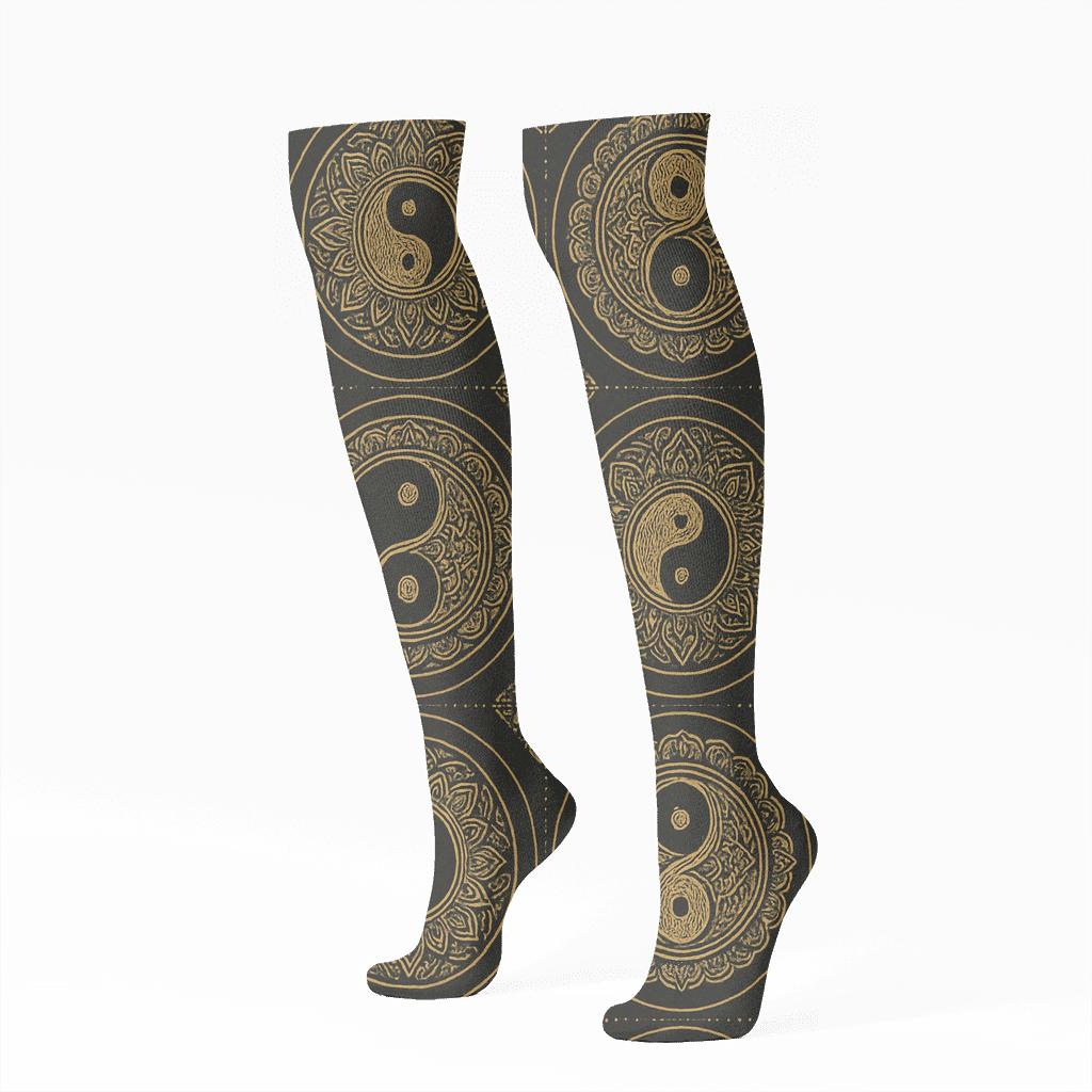 Gold Ink Duality Mandala Tiles On Black comfortable cotton knee-high socks