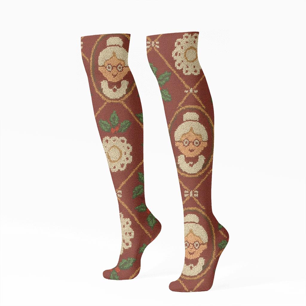 Apron Lace Lattice With Mrs. Claus Medallions designer print knee-high socks