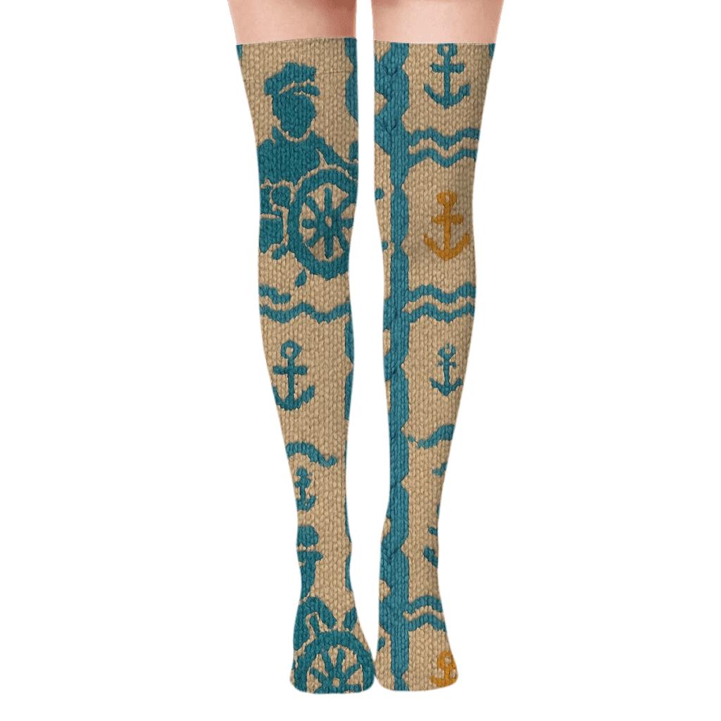 Ship Captain Knit-Pattern Ropes And Waves unique graphic over-the-knee socks