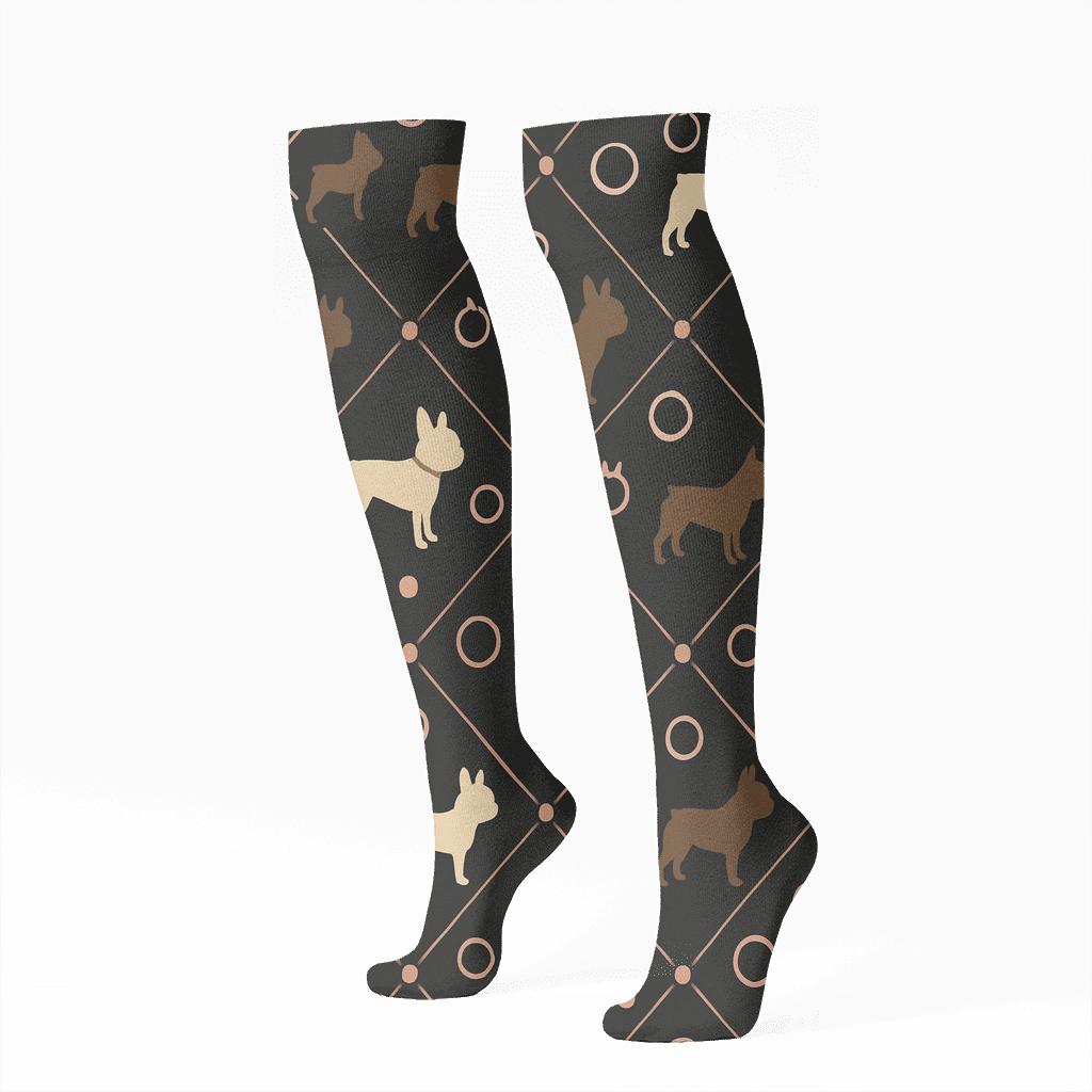 Midnight Bulldog Collar Constellation Lattice designer print knee-high socks