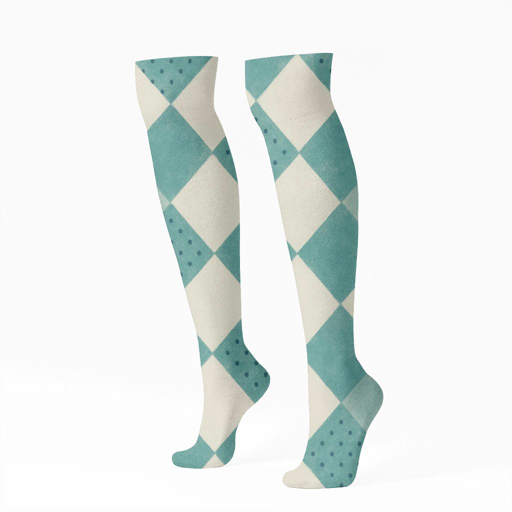 Diagonal Diamond Gingham Panels With Dot Lattice Accents soft everyday knee-high socks