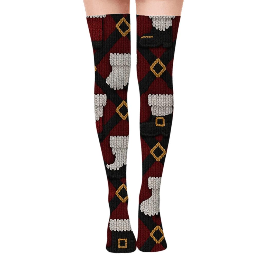 Knitted Belt And Buckle Santa Weave stylish fashion over-the-knee socks
