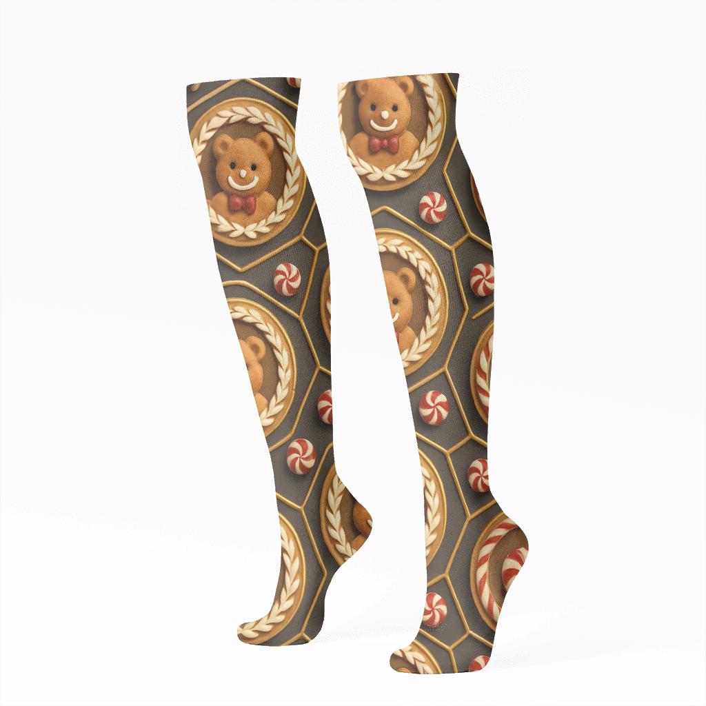 Gingerbread Bear Medallion Tiles On Charcoal Background designer print knee-high socks