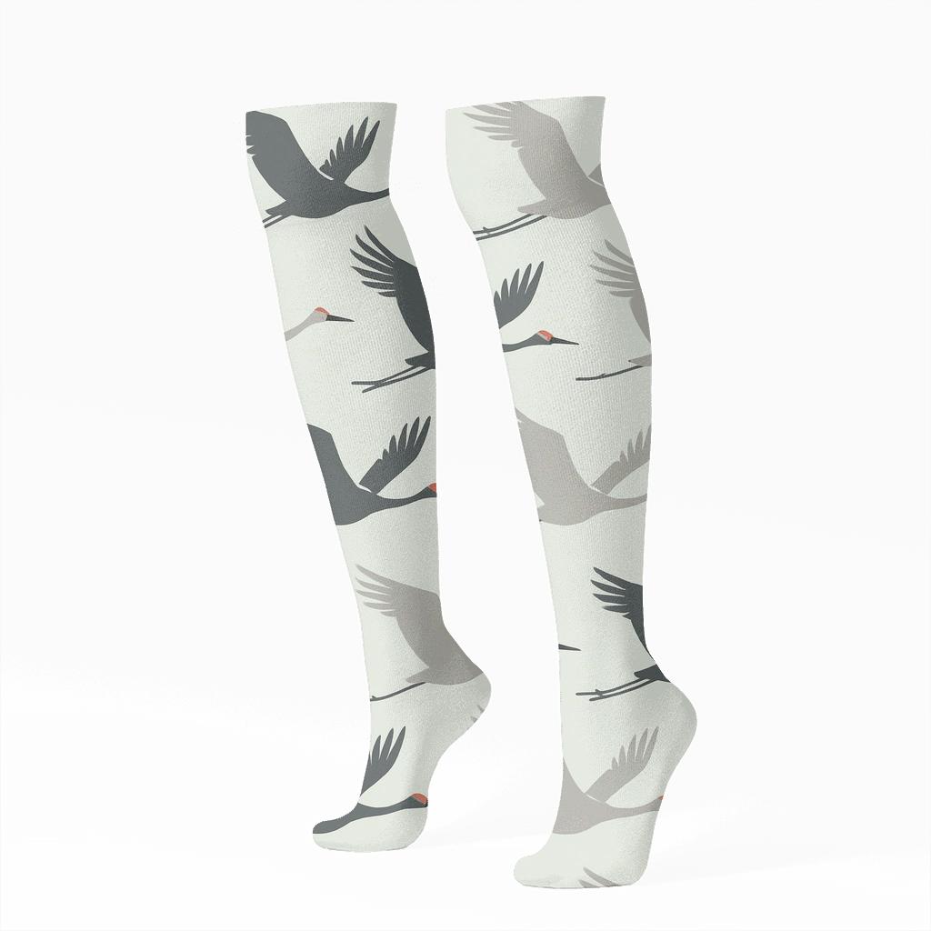 Crane Flight Silhouette Wave On Pale Mint Background custom knee-high socks