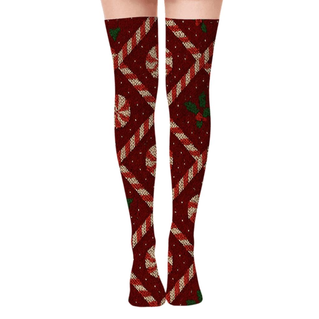 Candy Canes Knit Lattice On Deep Holiday Red unique graphic over-the-knee socks
