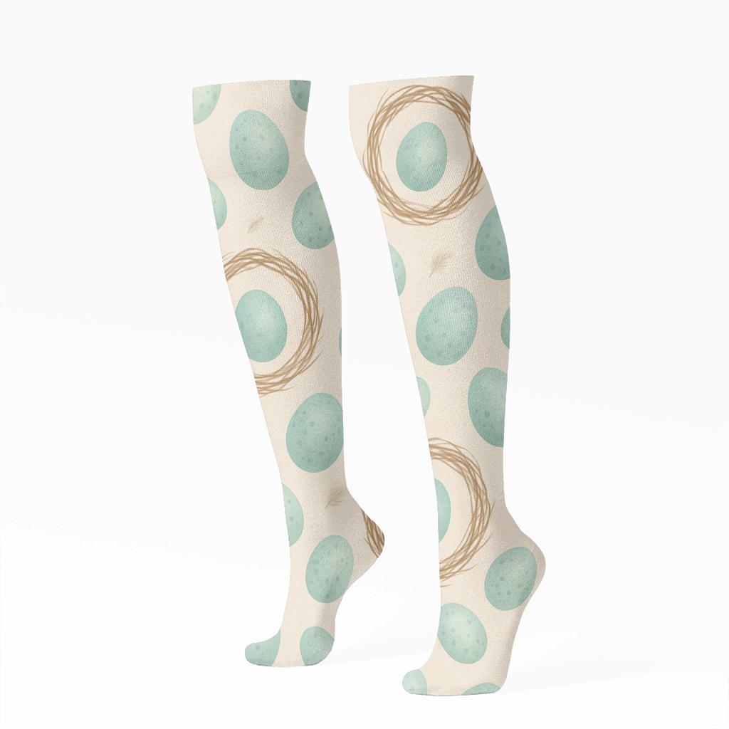 Robin Egg Scatter With Nest Rings On Soft Beige Background soft everyday knee-high socks
