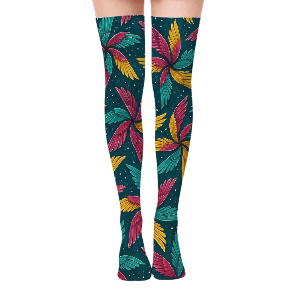 Hummingbird Wing Spiral Tessellation On Midnight Teal Background stylish fashion over-the-knee socks