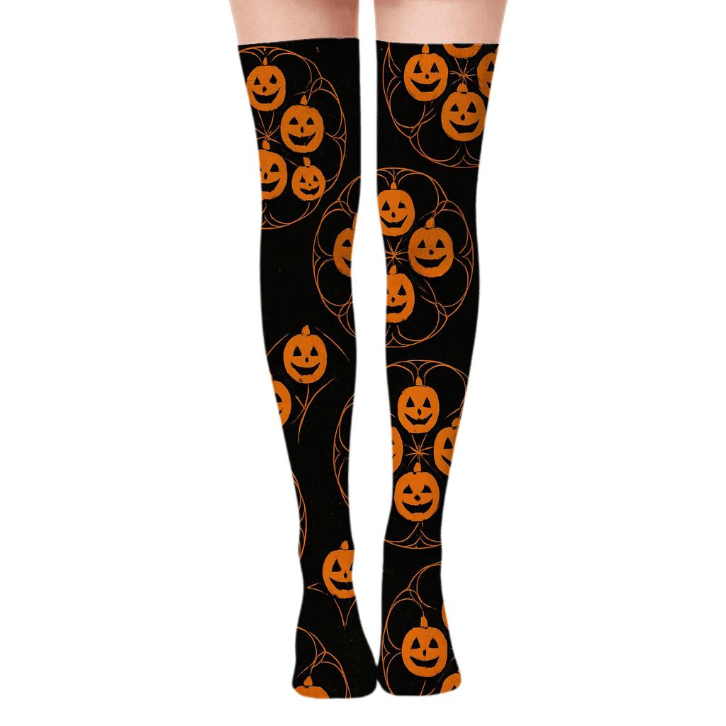 Glowing Jack O Lantern Rosette Tiles On Black Background personalized over-the-knee socks