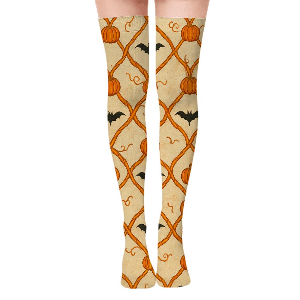 Pumpkin Vine Lattice With Tiny Bats On Proper Neutral Background comfortable cotton over-the-knee socks