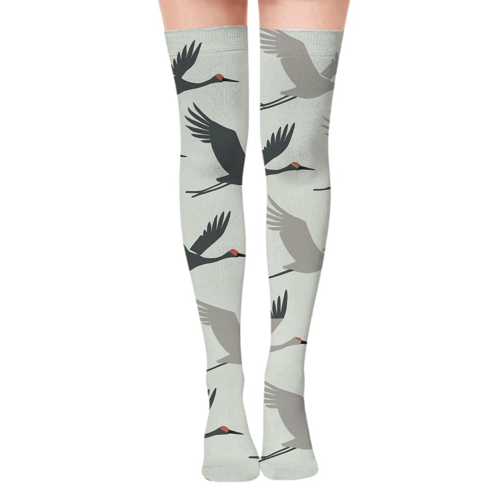 Crane Flight Silhouette Wave On Pale Mint Background custom over-the-knee socks