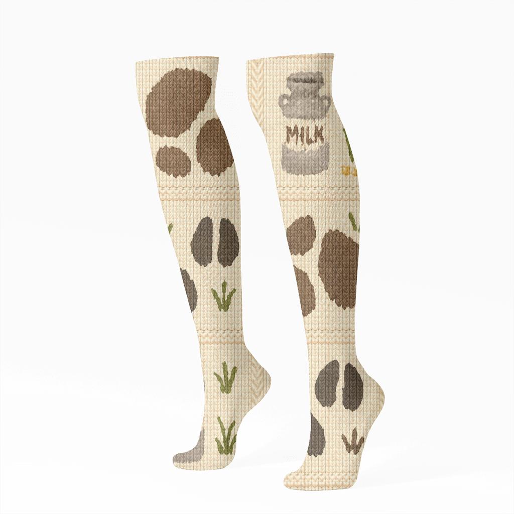 Knitted Meadow Cow Patchwork trendy patterned knee-high socks