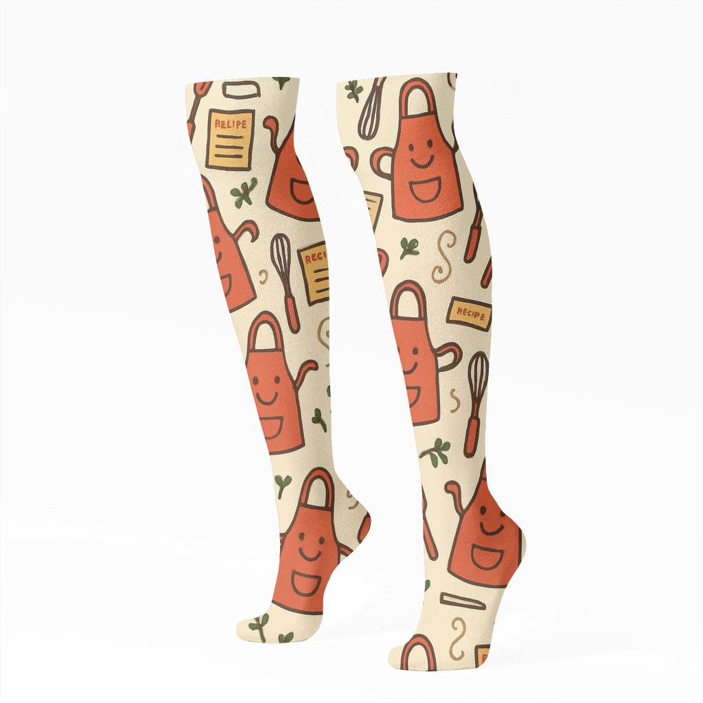 Apron And Recipe Tile For Cook Pattern stylish athletic knee-high socks
