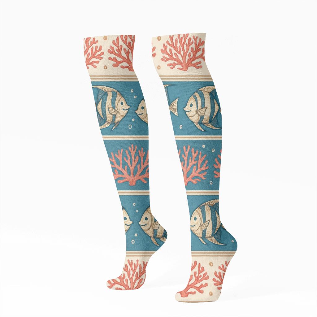 Coral Ribbon Bands With Fish Motif designer print knee-high socks