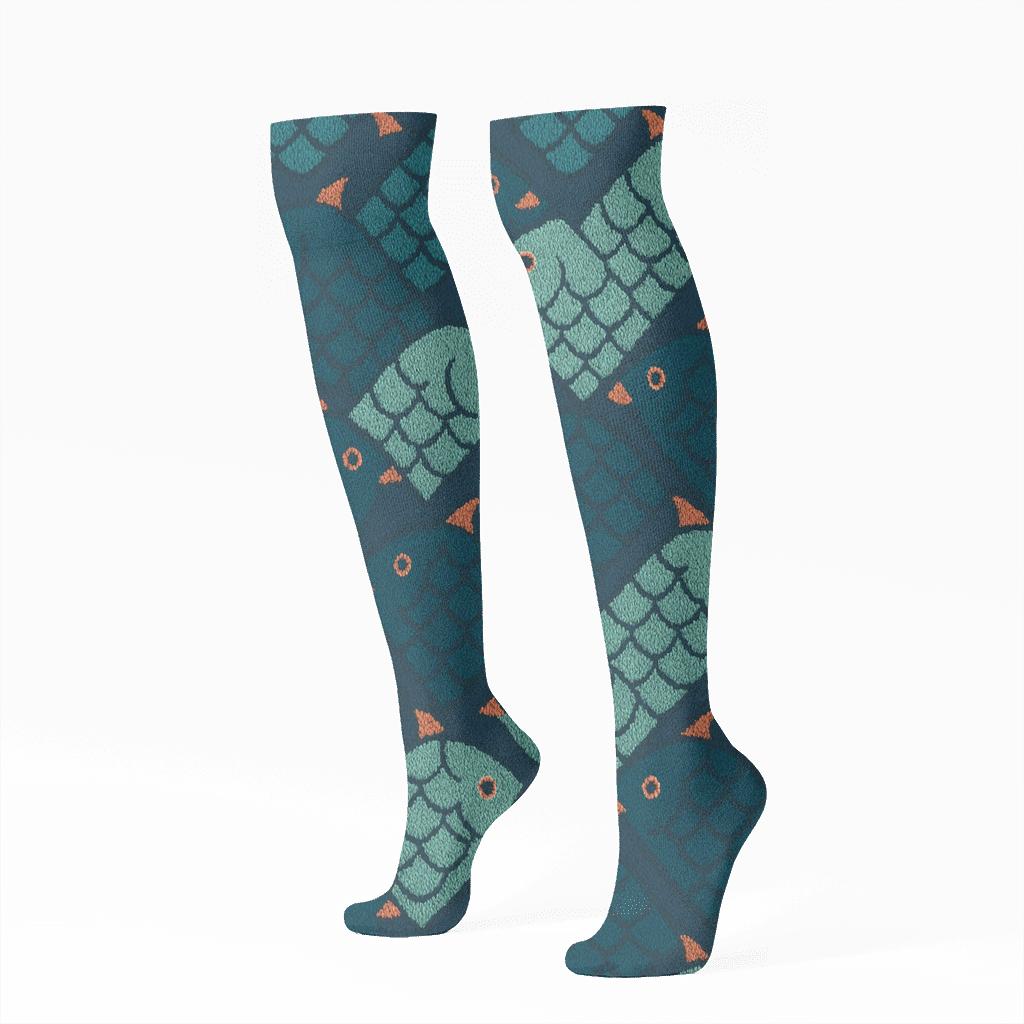 Fish Scale Chevron In Teal Twilight stylish athletic knee-high socks