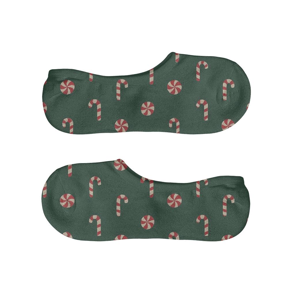 Candy Canes Sugar Dust Polka Texture On Deep Green designer printed no-show socks