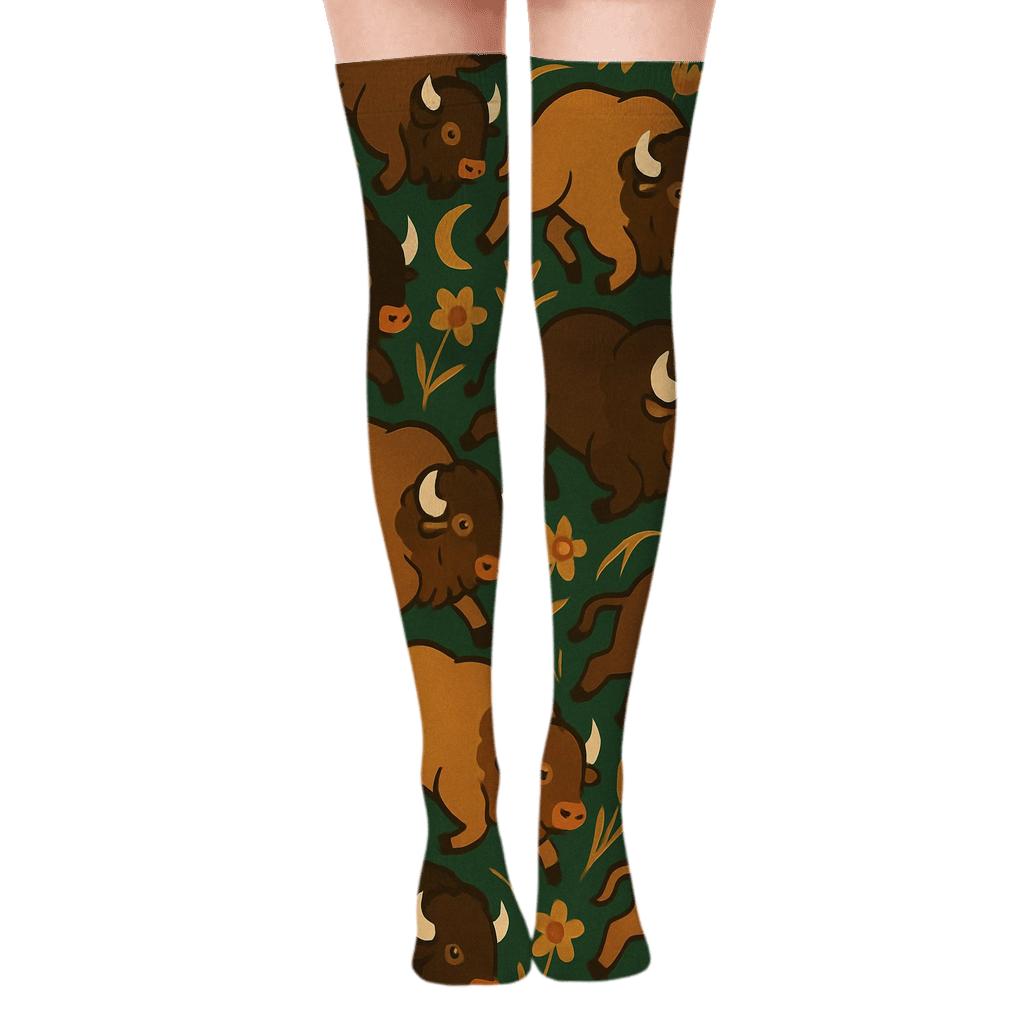 Sunset Herd Rhythm With Bison trendy patterned over-the-knee socks