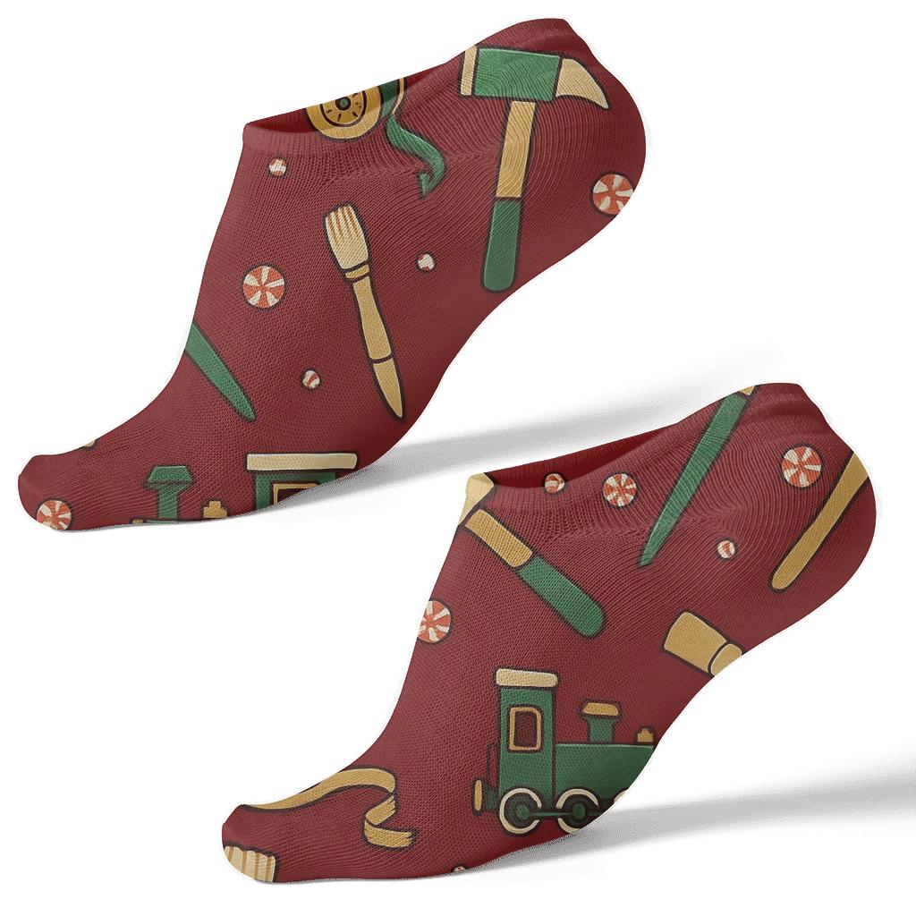 Xmas Elf Workshop Tool Scatter On Red trendy patterned ankle socks