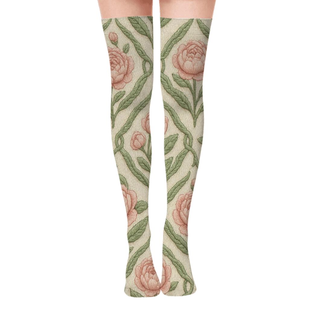 Knitted Peony Bloom Cable Tiles On Cream Sage Background designer print over-the-knee socks