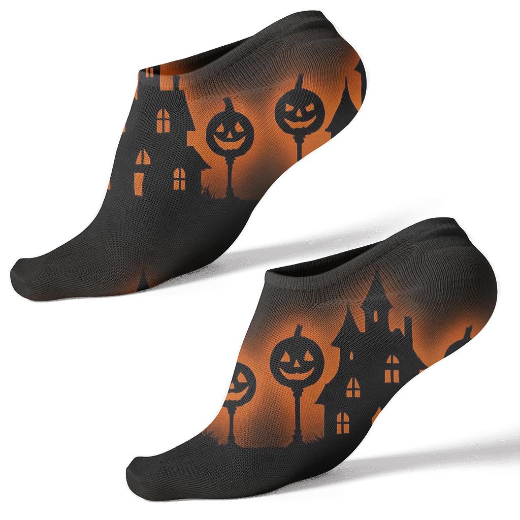 Haunted House Silhouette Border Stripes On Black Background stylish athletic ankle socks