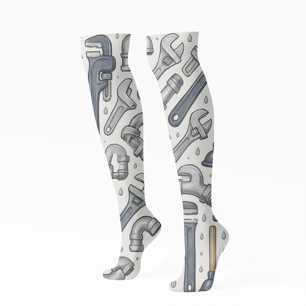 Tool Collage Plumber Gridwork designer print knee-high socks